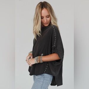 Cute Faded-Look Black Women's Top with Stud Accents